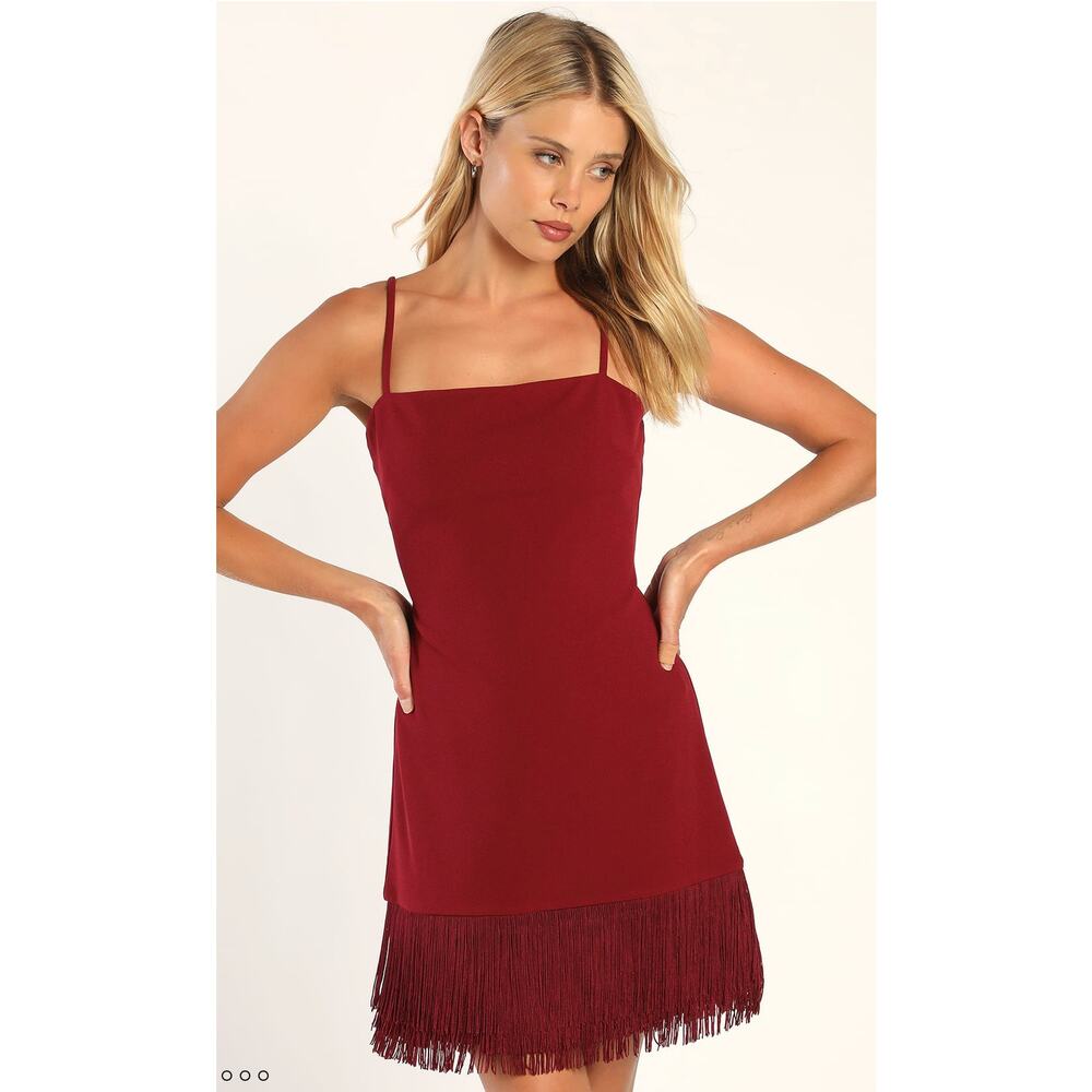 Lulus Party All Night Long Burgundy Fringe Bodycon Mini Dress Womens Small New